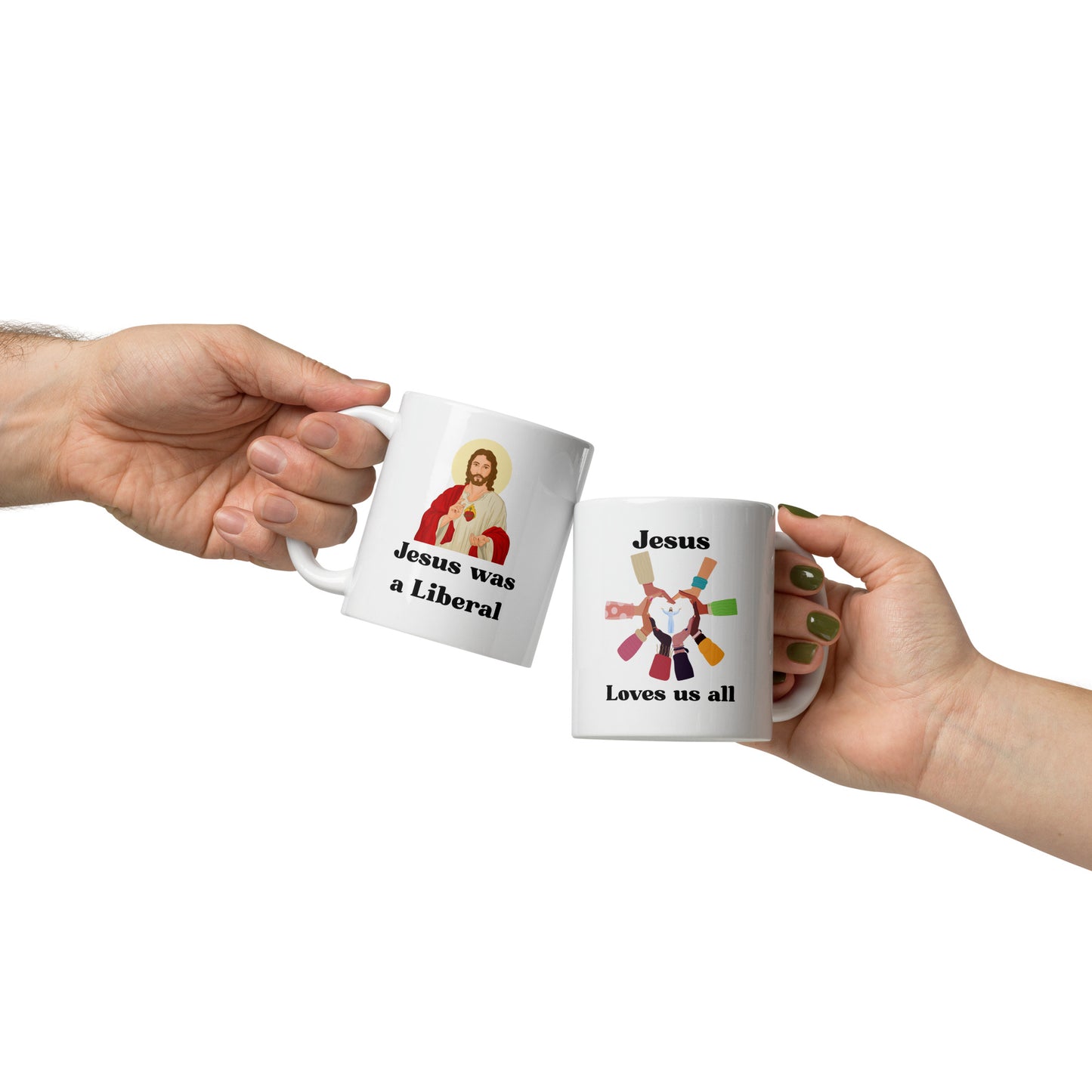 White glossy mug Jesus Loves / Liberal  S/M/L