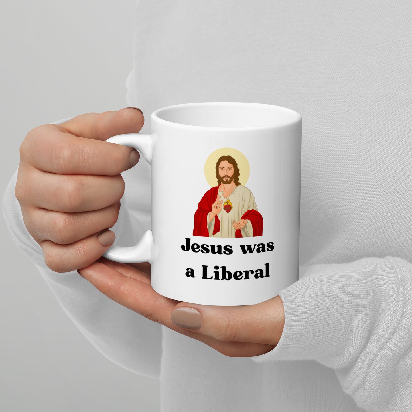 White glossy mug Jesus Loves / Liberal  S/M/L