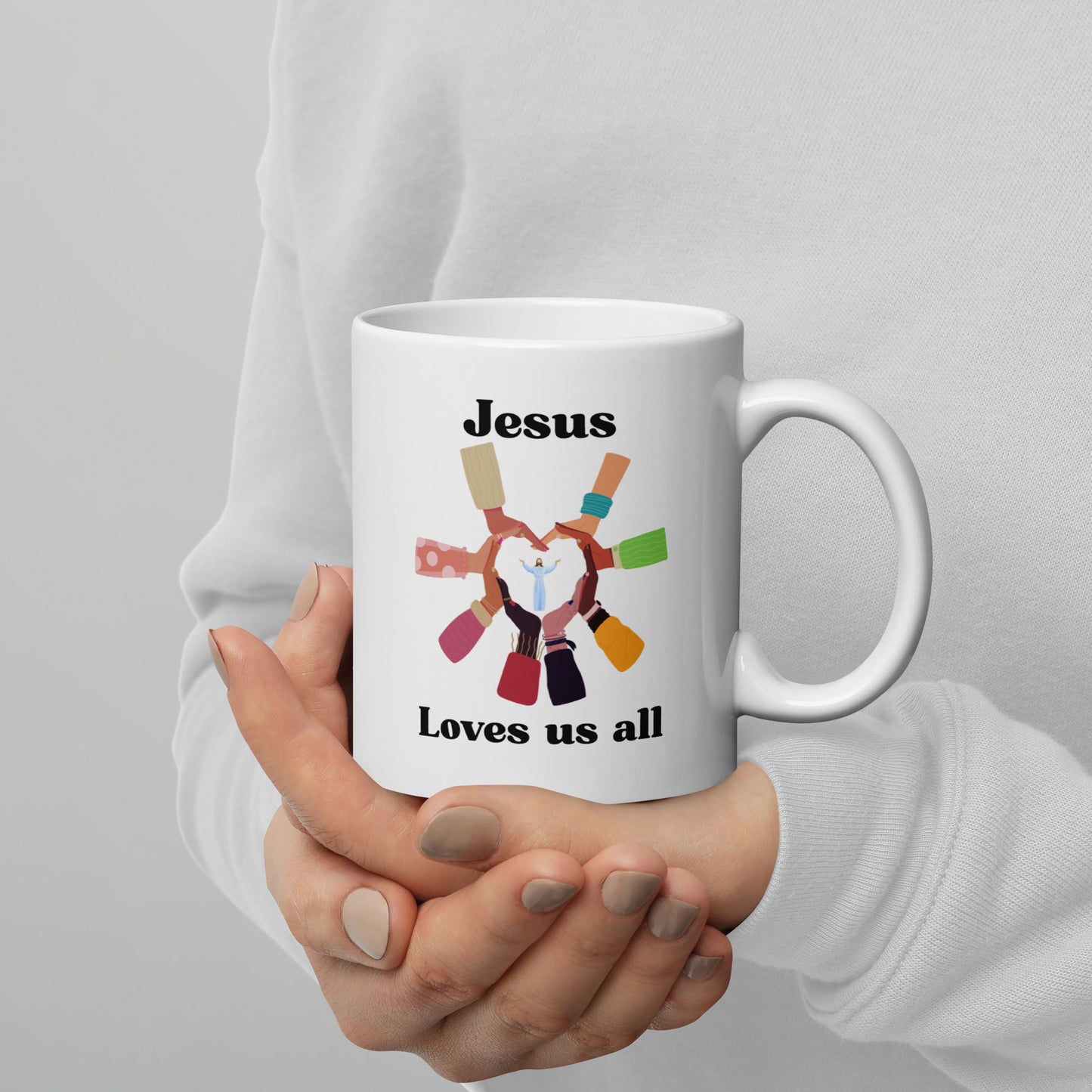 White glossy mug Jesus Loves / Liberal  S/M/L