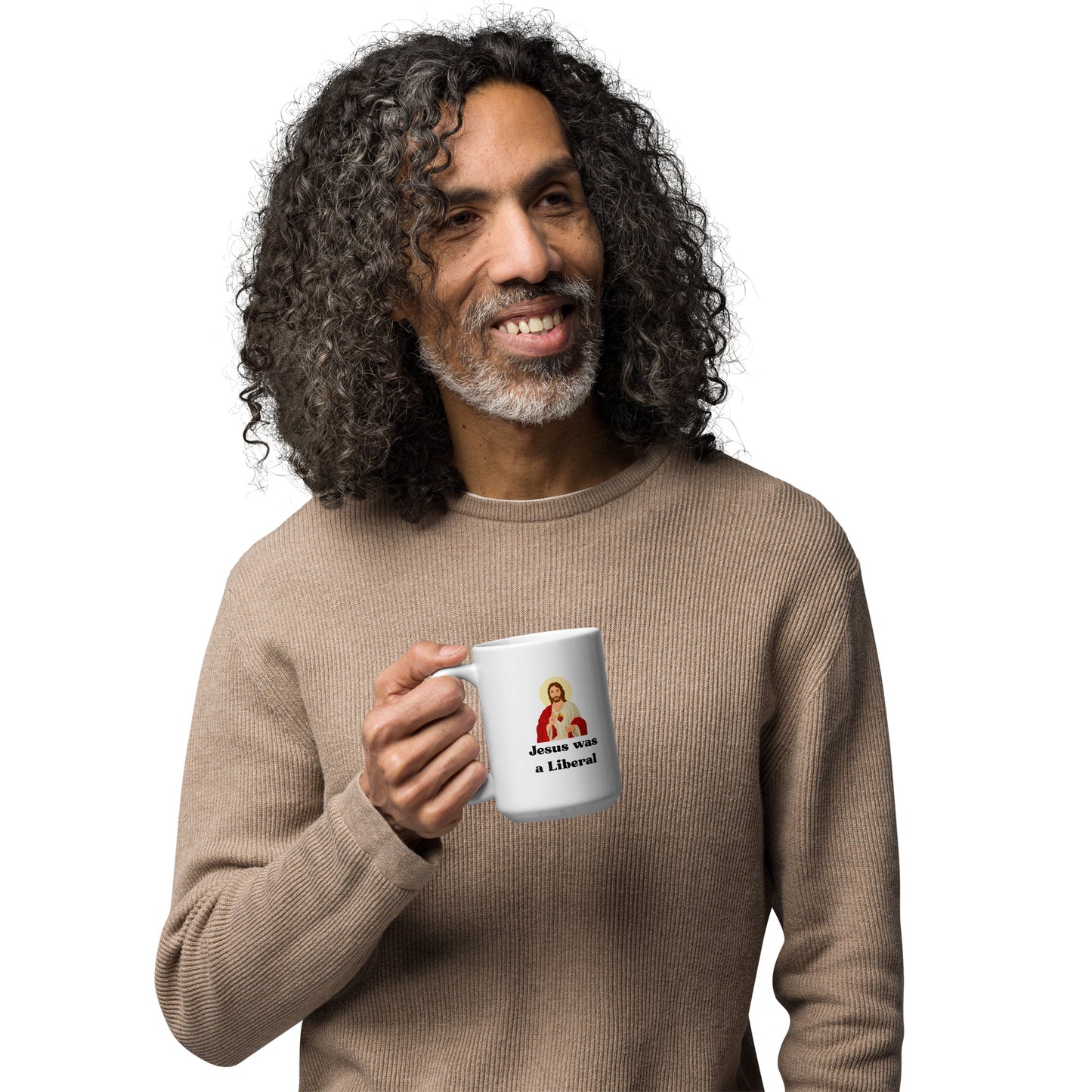 White glossy mug Jesus Loves / Liberal  S/M/L