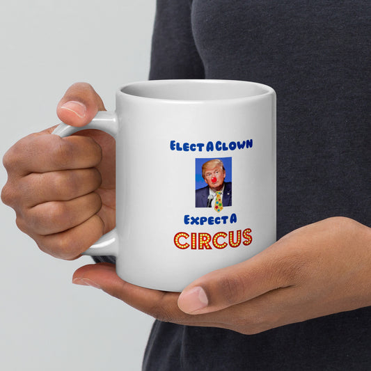 White glossy mug Clown Circus S/M/L