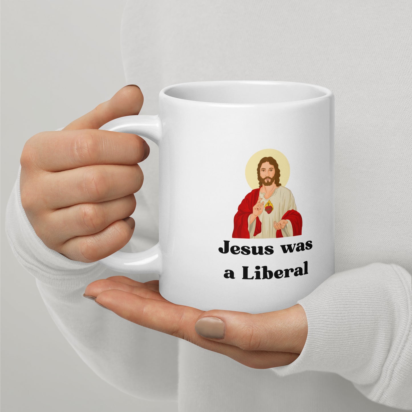 White glossy mug Jesus Loves / Liberal  S/M/L